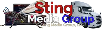 A patriotic-themed logo for Sting Media Group, LLC, featuring a robotic wasp with an American flag design, a modern semi-truck, and a digital media interface in the background. The bold text "Sting Media Group" is prominently displayed in red, white, and blue, symbolizing innovation, trucking industry insights, and digital creativity.